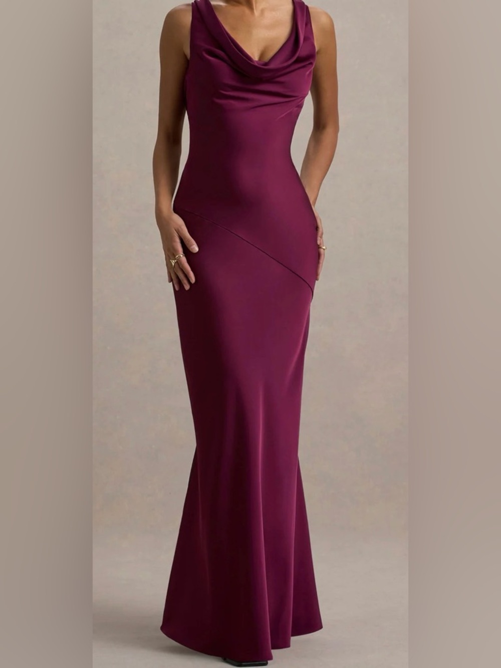 Sleeveless Satin Cowl Neck Evening Gown in Deep Wine